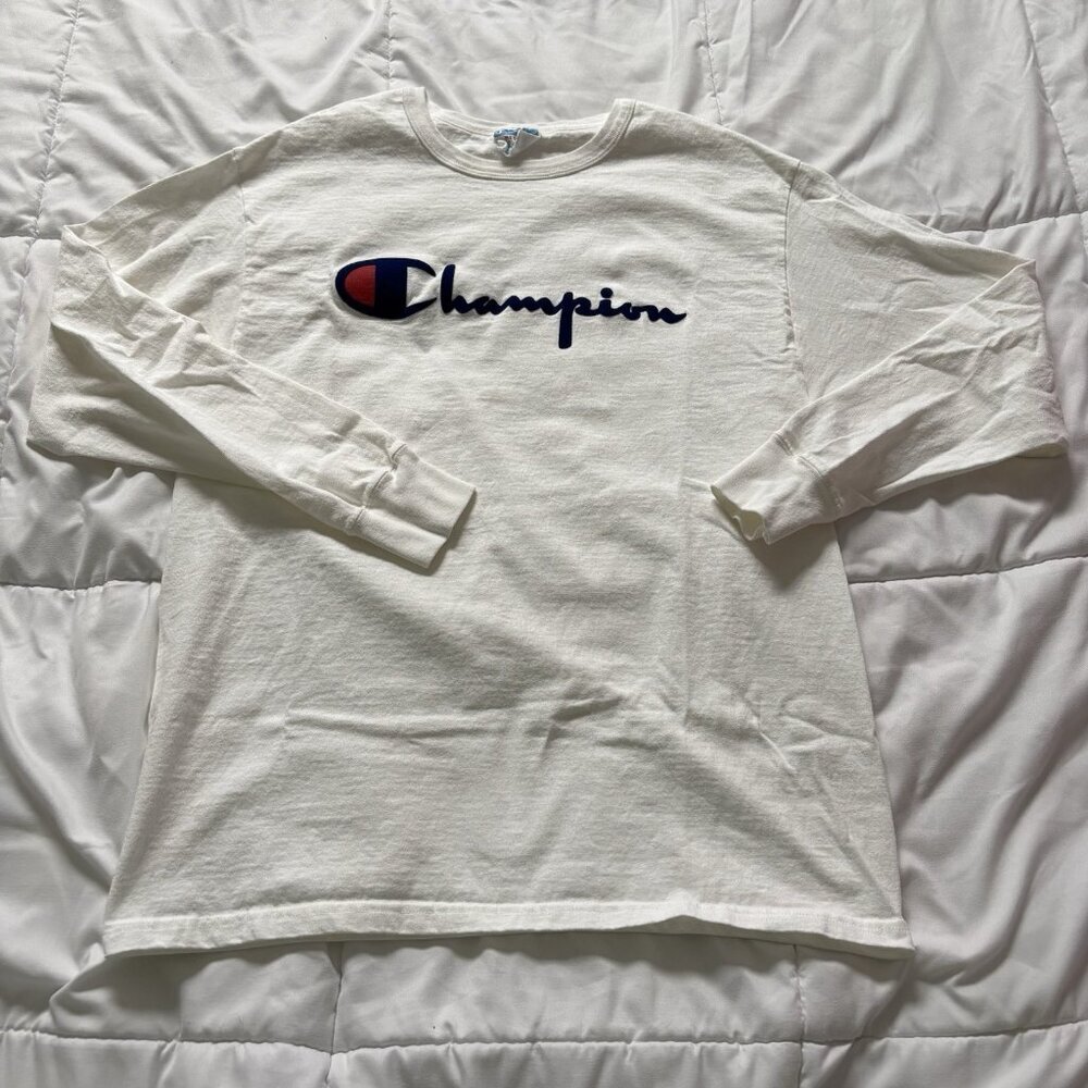 Vintage 90s Y2K Championโ Mens Size Medium White Long Sleeve Shirt Hip Hop Retro